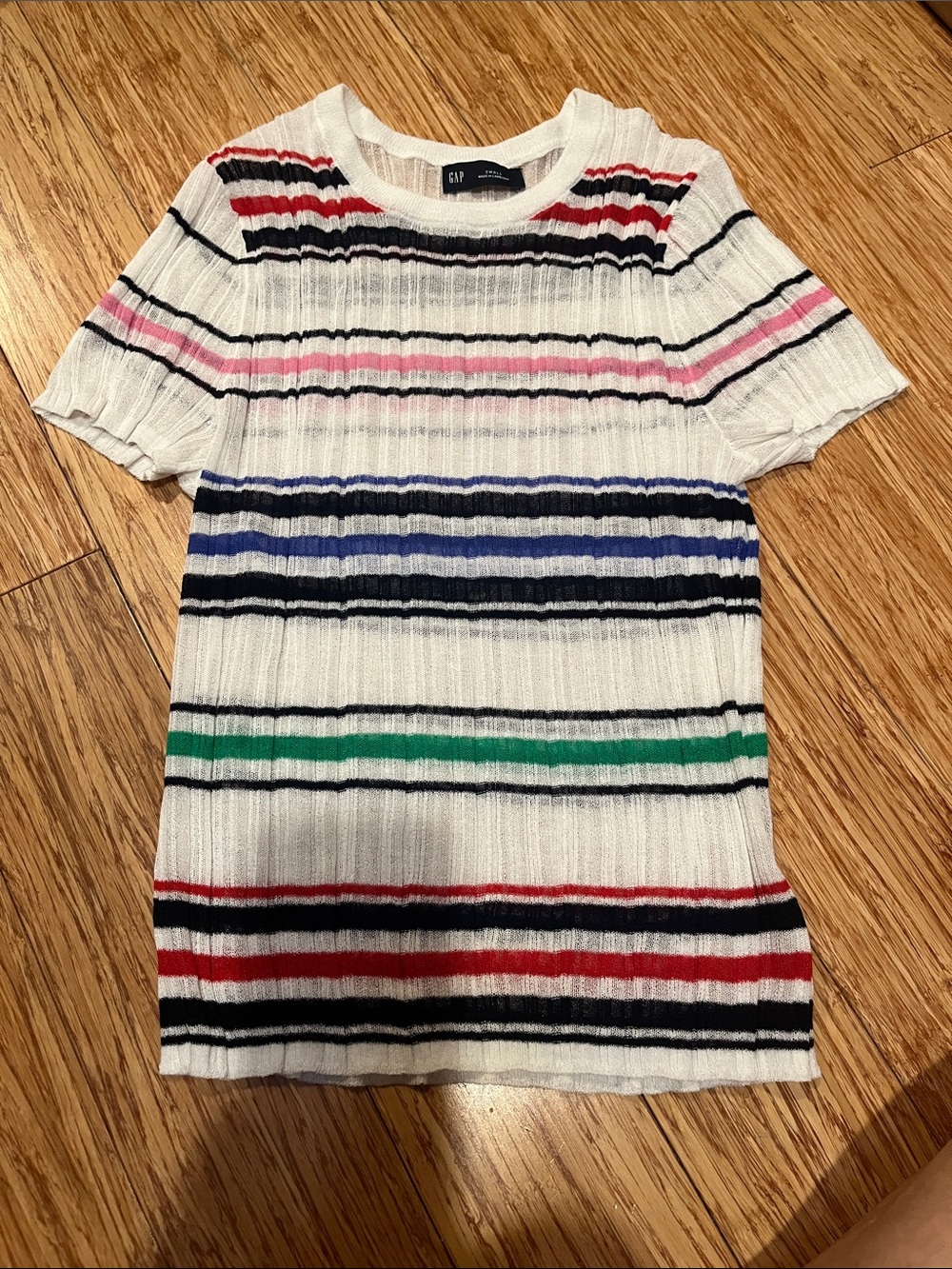 GAP White Short-Sleeve Ribbed Tee with Red, Pink, Blue, Green & Black Stripes